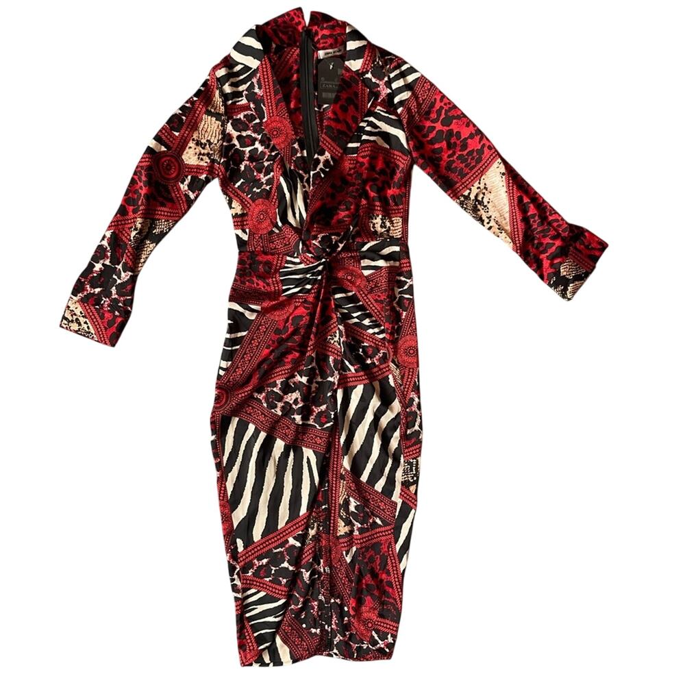 Zara NWT Mixed Animal Scarf Print Patchwork V-Neck Dress Red Black sm